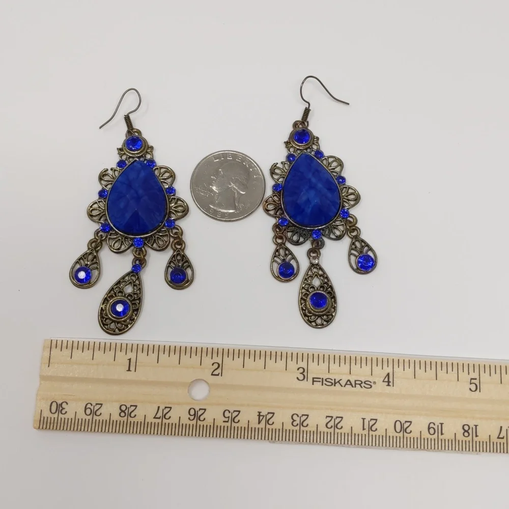 Colbalt Blue Dangle Earrings Filagree Ornate Boho Romantic